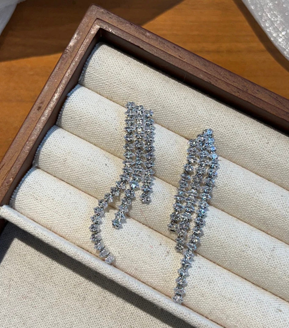 Silver Zircon Tassel Drop Earrings